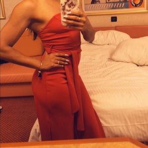 Red wide leg strapless jumpsuit